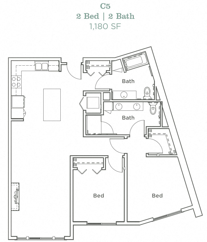 Floor plan for 2 beds, 2 baths, 1180 sqft